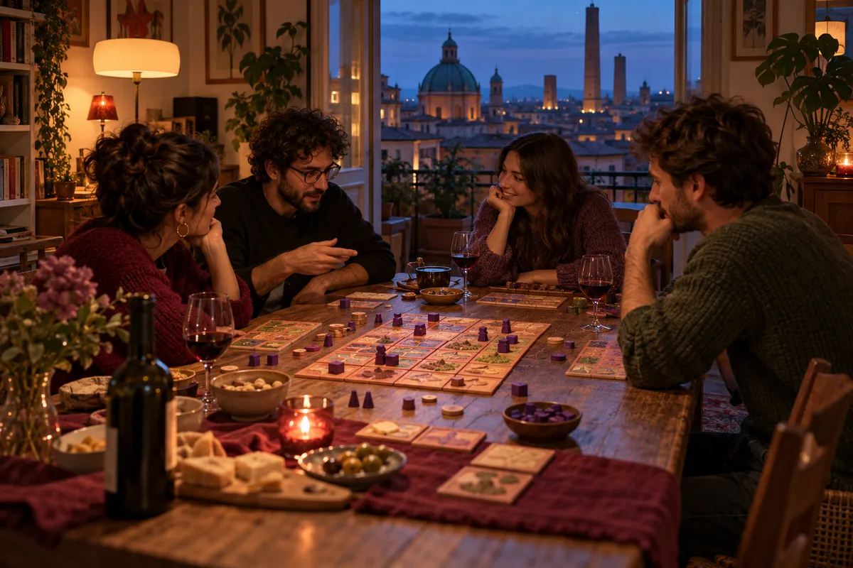 Quattro adulti giocano in una casa italiana al crepuscolo