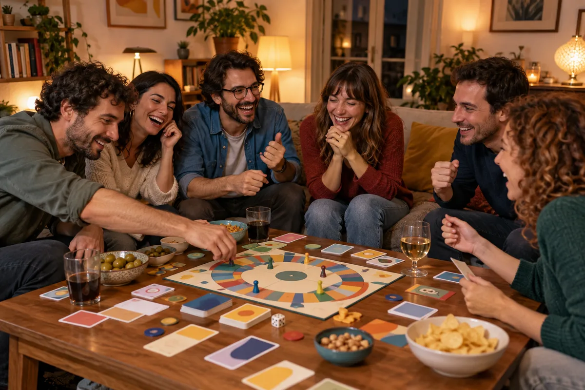 Un gruppo di adulti ride intorno a un tavolo di gioco