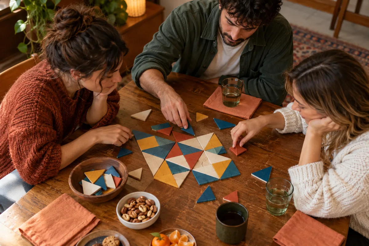 Tre persone compongono insieme un puzzle geometrico