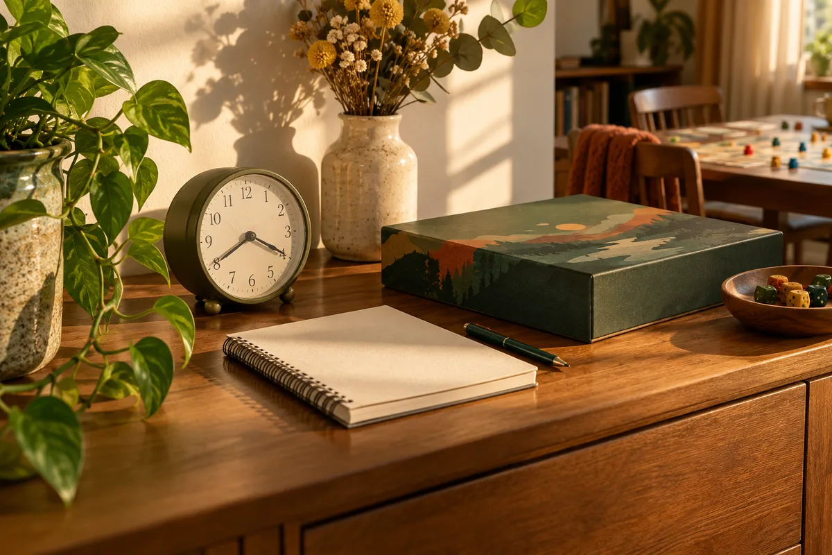 Orologio, quaderno e scatola di gioco su una credenza